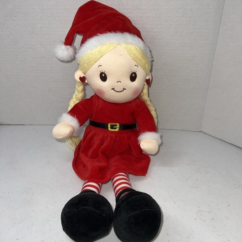 Linzy Toys Little Girl Plush Christmas Doll Blonde Hair Holiday Red Dress 18"